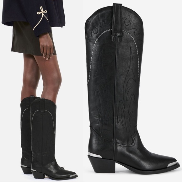 The Kooples Leather Santiag Western Pull On Cowgirl Boots NEW Sleek Black - Picture 1 of 6